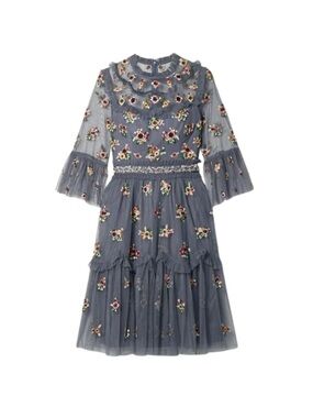 Needle & Thread Blue Floral Embroidered Tulle Midi Dress Fairy Prom Indie Folk